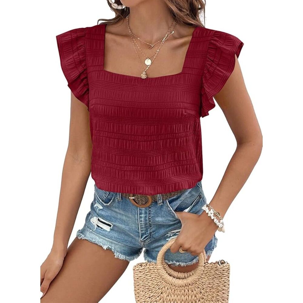 SHEWIN Women's Casual Summer Square Neck Tank Tops Sleeveless Ruffle Chiffon